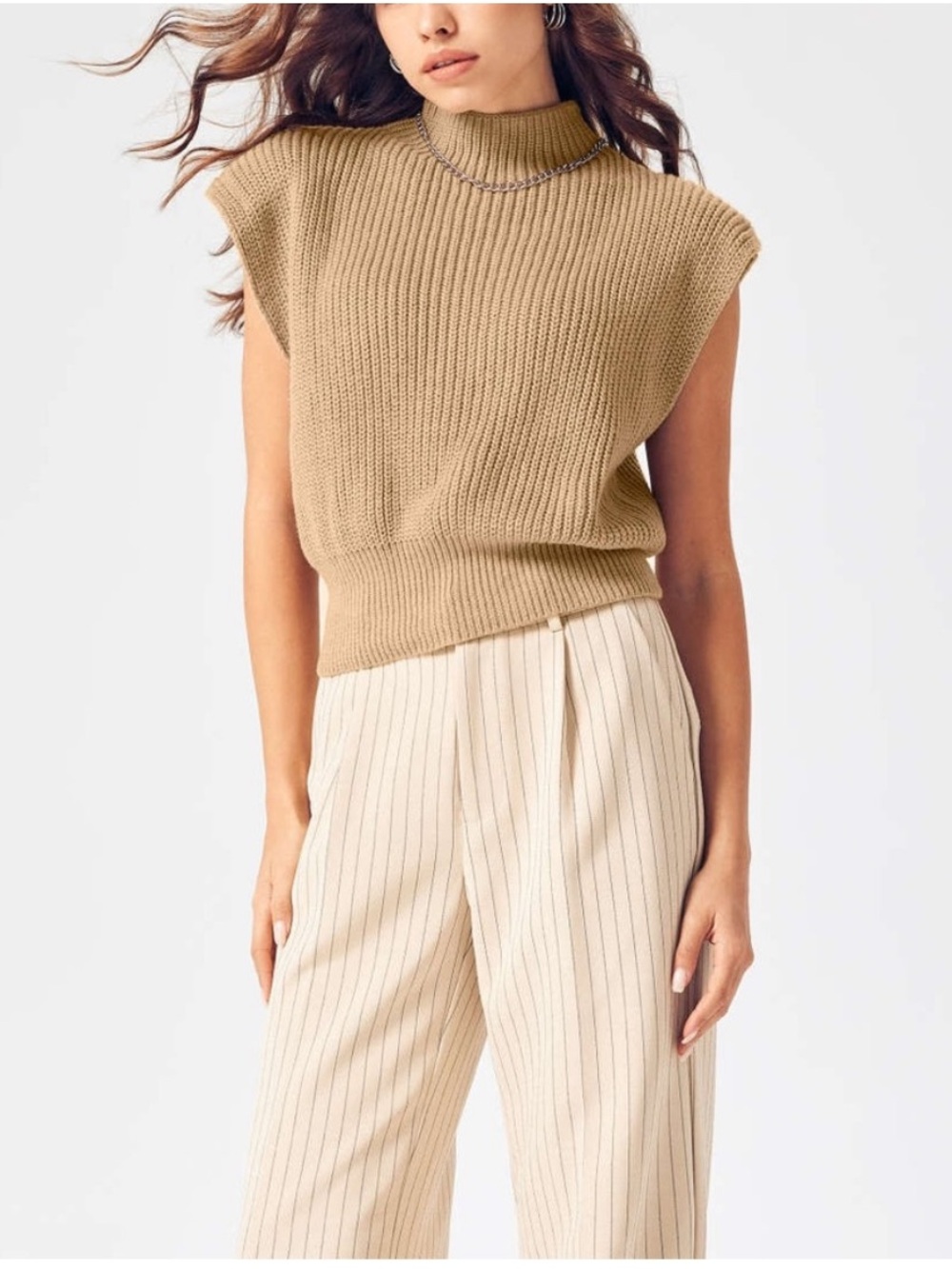 Cider Solid High Neck Knit Vest Camel Medium | Sleeveless Sweater Top